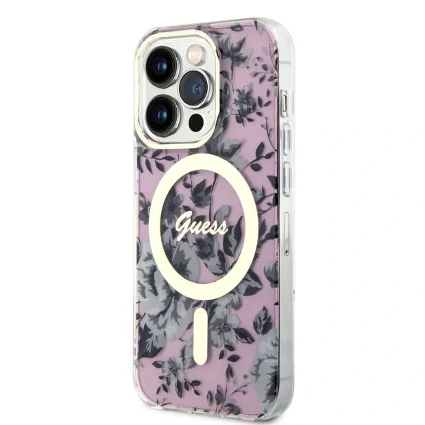 Husa Guess PC/TPU Flowers IML MagSafe  pentru iPhone 14 Pro Pink
