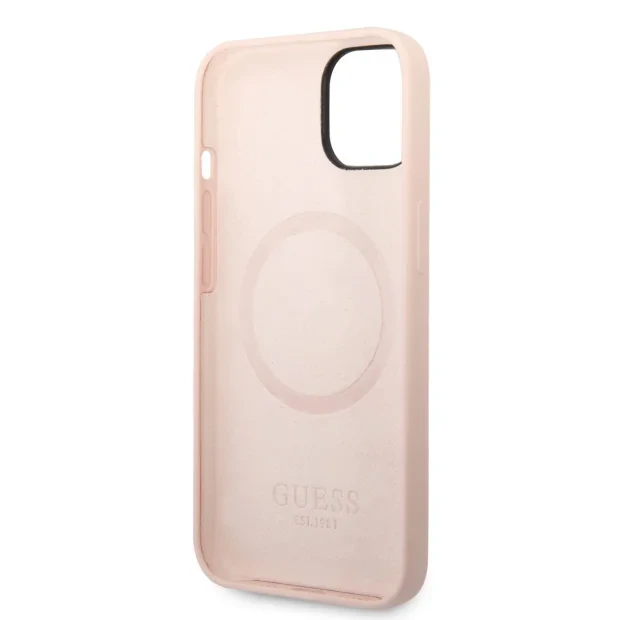 Husa Guess Silicone Metal Logo MagSafe pentru iPhone 14 Plus Pink