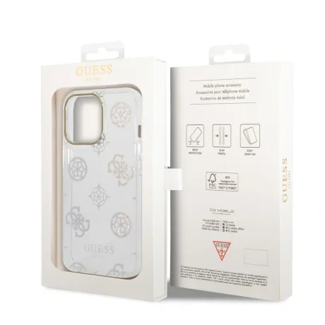Husa Guess PC/TPU Peony Glitter pentru iPhone 14 Pro White