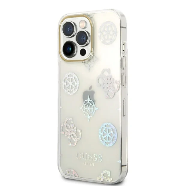 Husa Guess PC/TPU Peony Glitter pentru iPhone 14 Pro White