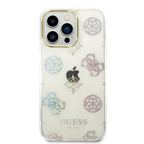 Husa Guess PC/TPU Peony Glitter pentru iPhone 14 Pro White