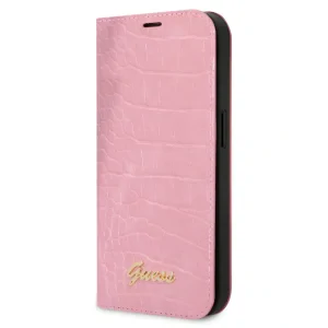 Husa Book Guess PU Croco with Metal Camera Outline pentru iPhone 14 Plus Pink