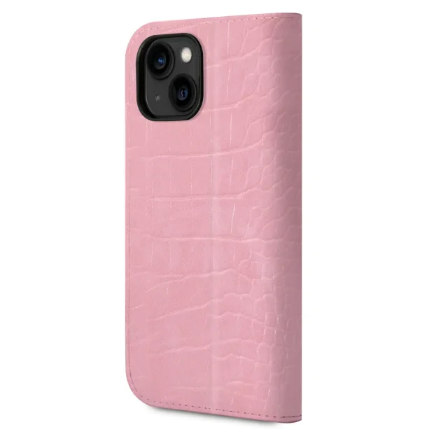 Husa Book Guess PU Croco with Metal Camera Outline pentru iPhone 14 Plus Pink