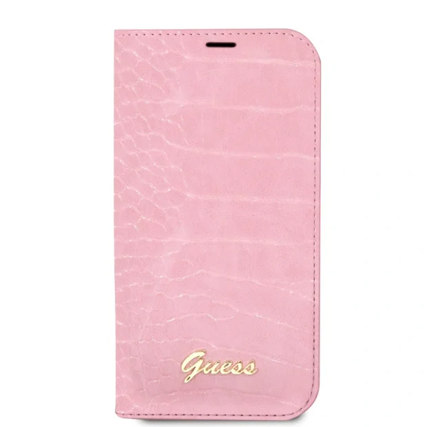 Husa Book Guess PU Croco with Metal Camera Outline pentru iPhone 14 Plus Pink