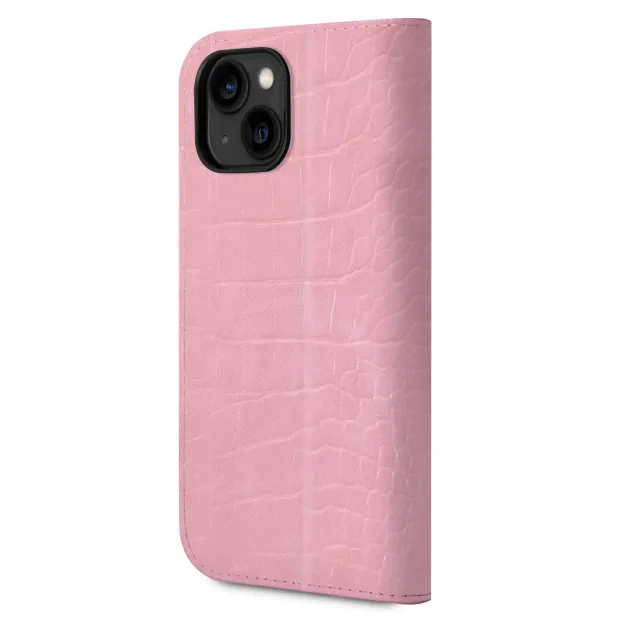 Husa Book Guess PU Croco with Metal Camera Outline pentru iPhone 14 Pink
