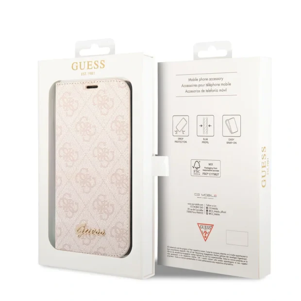 Husa Book Guess PC/TPU 4G Metal Camera Outline pentru iPhone 14 Plus Pink