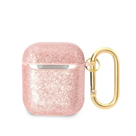 Husa Guess Glitter Flakes Metal Logo pentru AirPods 1/2 Pink