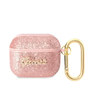 Husa Guess Glitter Flakes Metal Logo pentru AirPods 3 Pink