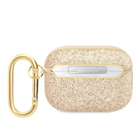 Husa Guess Glitter Flakes Metal Logo pentru AirPods Pro Gold