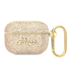 Husa Guess Glitter Flakes Metal Logo pentru AirPods Pro Gold