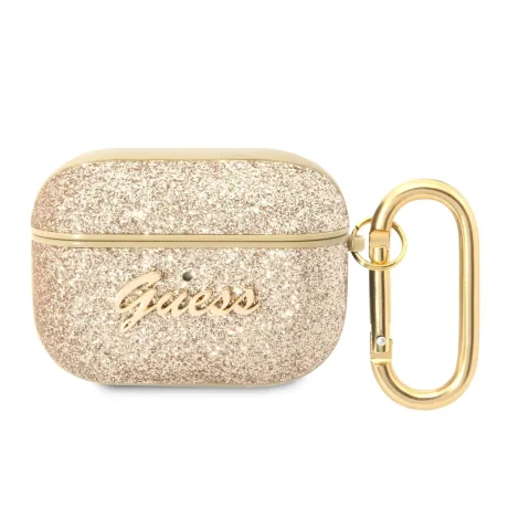 Husa Guess Glitter Flakes Metal Logo pentru AirPods Pro Gold