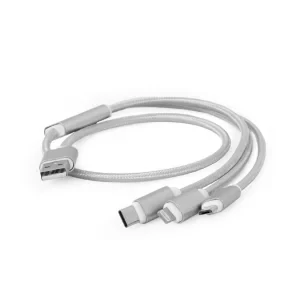 CABLU alimentare si date GEMBIRD, pt. smartphone, 3 + 1, USB 2.0 (T) la Lightning (T) + Micro-USB 2.0 (T) + USB 2.0 Type-C (T),  1m, cablu cu impletire din bumbac, incarcare simultana a 3 tipuri de telefoane, argintiu, &quot;CC-USB2-AM31-1M-S&quot;