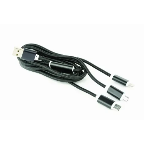 CABLU alimentare si date GEMBIRD, pt. smartphone, 3 + 1, USB 2.0 (T) la Lightning (T) + Micro-USB 2.0 (T) + USB 2.0 Type-C (T),  1m, cablu cu impletire din bumbac, incarcare simultana a 3 tipuri de telefoane, negru, "CC-USB2-AM31-1M"