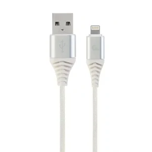 CABLU alimentare si date GEMBIRD, pt. smartphone, USB 2.0 (T) la Lightning (T), 1m, premium, cablu cu impletire din bumbac, alb cu conectori argintii, &quot;CC-USB2B-AMLM-1M-BW2&quot; (include TV 0.06 lei)