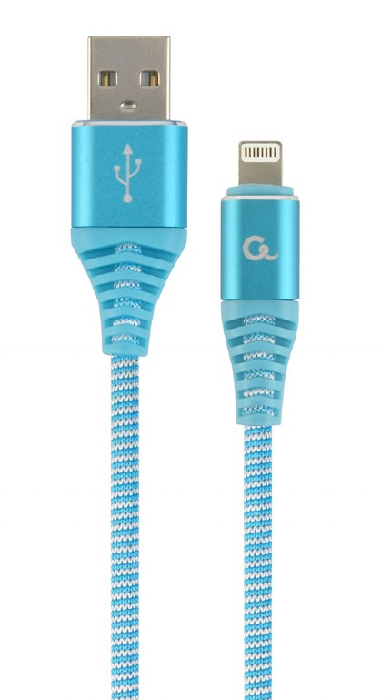 CABLU alimentare si date GEMBIRD, pt. smartphone, USB 2.0 (T) la Lightning (T), 1m, premium, cablu cu impletire din bumbac, albastru cu insertii albe, "CC-USB2B-AMLM-1M-VW" (include TV 0.06 lei) thumb