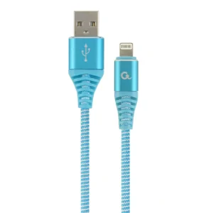 CABLU alimentare si date GEMBIRD, pt. smartphone, USB 2.0 (T) la Lightning (T), 1m, premium, cablu cu impletire din bumbac, albastru cu insertii albe, &quot;CC-USB2B-AMLM-1M-VW&quot; (include TV 0.06 lei)