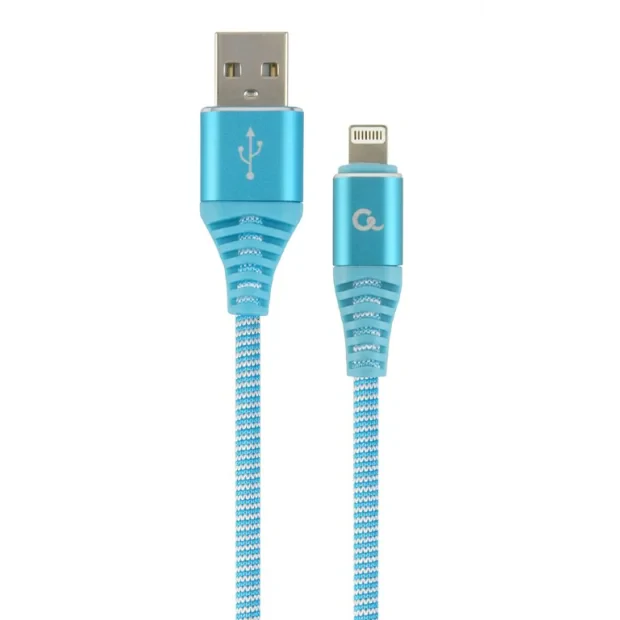 CABLU alimentare si date GEMBIRD, pt. smartphone, USB 2.0 (T) la Lightning (T), 1m, premium, cablu cu impletire din bumbac, albastru cu insertii albe, &quot;CC-USB2B-AMLM-1M-VW&quot; (include TV 0.06 lei)