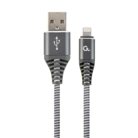 CABLU alimentare si date GEMBIRD, pt. smartphone, USB 2.0 (T) la Lightning (T), 1m, premium, cablu cu impletire din bumbac, gri cu insertii albe, &quot;CC-USB2B-AMLM-1M-WB2&quot; (include TV 0.06 lei)