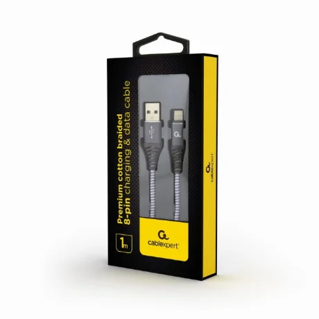 CABLU alimentare si date GEMBIRD, pt. smartphone, USB 2.0 (T) la Lightning (T), 1m, premium, cablu cu impletire din bumbac, gri cu insertii albe, &quot;CC-USB2B-AMLM-1M-WB2&quot; (include TV 0.06 lei)