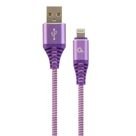 CABLU alimentare si date GEMBIRD, pt. smartphone, USB 2.0 (T) la Lightning (T), 1m, premium, cablu cu impletire din bumbac, mov cu insertii albe, &quot;CC-USB2B-AMLM-1M-PW&quot; (include TV 0.06 lei)