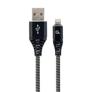 CABLU alimentare si date GEMBIRD, pt. smartphone, USB 2.0 (T) la Lightning (T), 1m, premium, cablu cu impletire din bumbac, negru cu insertii albe, &quot;CC-USB2B-AMLM-1M-BW&quot; (include TV 0.06 lei)