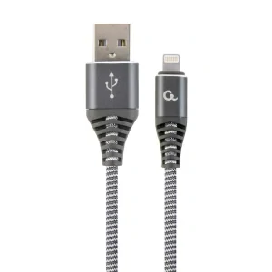 CABLU alimentare si date GEMBIRD, pt. smartphone, USB 2.0 (T) la Lightning (T), 2m, premium, cablu cu impletire din bumbac, gri-metalic cu insertii albe, &quot;CC-USB2B-AMLM-2M-WB2&quot; (include TV 0.06 lei)