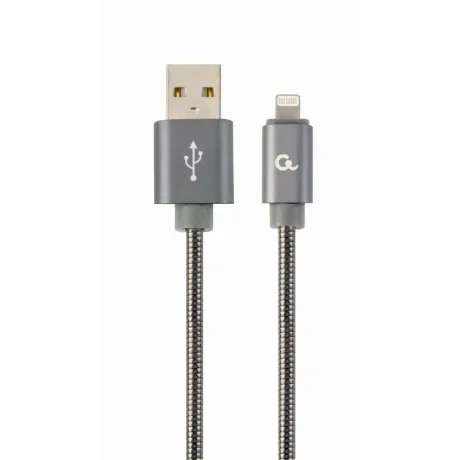 CABLU alimentare si date GEMBIRD, pt. smartphone, USB 2.0 (T) la Lightning (T), 2m, premium, cablu cu impletire din bumbac, gri-metalizat cu insertii albe, &quot;CC-USB2S-AMLM-2M-BG&quot; (include TV 0.06 lei)