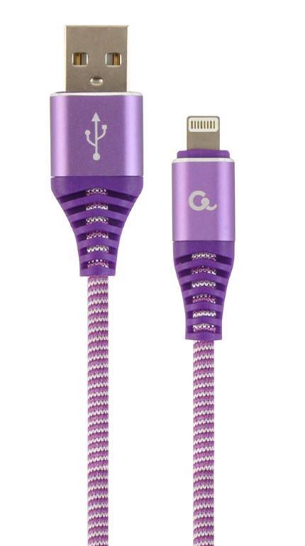 CABLU alimentare si date GEMBIRD, pt. smartphone, USB 2.0 (T) la Lightning (T), 2m, premium, cablu cu impletire din bumbac, mov cu insertii albe, "CC-USB2B-AMLM-2M-PW" (include TV 0.06 lei) thumb