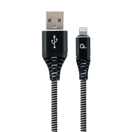 CABLU alimentare si date GEMBIRD, pt. smartphone, USB 2.0 (T) la Lightning (T), 2m, premium, cablu cu impletire din bumbac, negru cu insertii albe, &quot;CC-USB2B-AMLM-2M-BW&quot; (include TV 0.06 lei)
