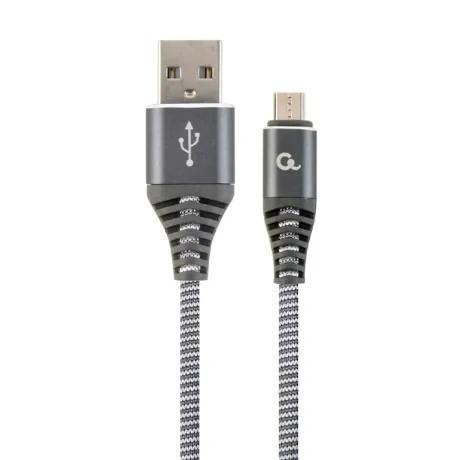CABLU alimentare si date GEMBIRD, pt. smartphone, USB 2.0 (T) la Micro-USB 2.0 (T), 1m, premium, cablu cu impletire din bumbac, gri-metalizat cu insertii albe, &quot;CC-USB2B-AMmBM-1M-WB2&quot; (include TV 0.06 lei)