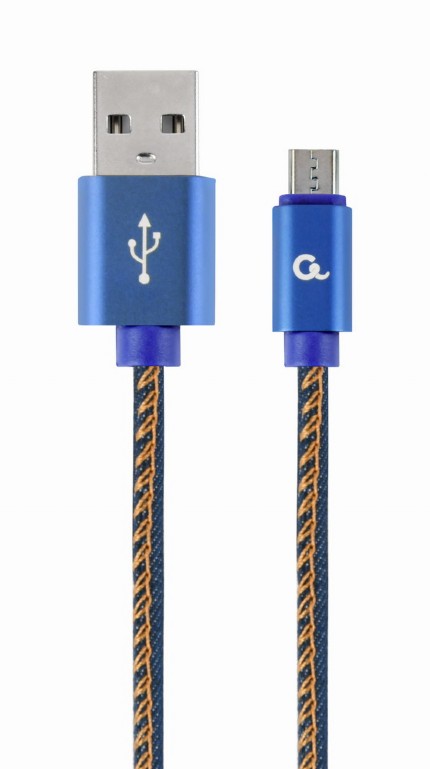CABLU alimentare si date GEMBIRD, pt. smartphone, USB 2.0 (T) la Micro-USB 2.0 (T),  1m, premium, conectori auriti, cablu cu impletire din bumbac, negru cu insertii galbene (Jeans model), conetori albastri, "CC-USB2J-AMmBM-1M-BL" thumb