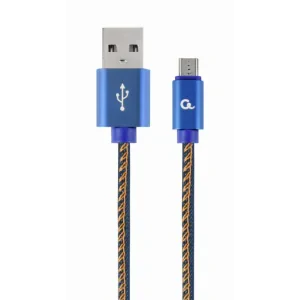 CABLU alimentare si date GEMBIRD, pt. smartphone, USB 2.0 (T) la Micro-USB 2.0 (T),  1m, premium, conectori auriti, cablu cu impletire din bumbac, negru cu insertii galbene (Jeans model), conetori albastri, &quot;CC-USB2J-AMmBM-1M-BL&quot;