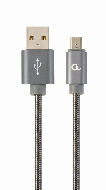 CABLU alimentare si date GEMBIRD, pt. smartphone, USB 2.0 (T) la Micro-USB 2.0 (T), 2m, premium, cablu cu impletire din bumbac, gri-metalizat cu insertii albe, "CC-USB2S-AMmBM-2M-BG" (include TV 0.06 lei) thumb
