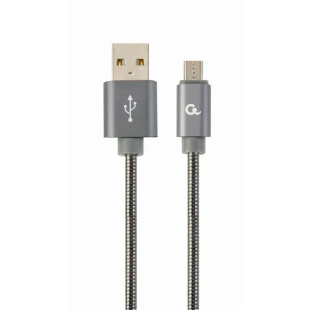 CABLU alimentare si date GEMBIRD, pt. smartphone, USB 2.0 (T) la Micro-USB 2.0 (T), 2m, premium, cablu cu impletire din bumbac, gri-metalizat cu insertii albe, &quot;CC-USB2S-AMmBM-2M-BG&quot; (include TV 0.06 lei)