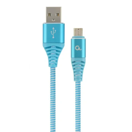 CABLU alimentare si date GEMBIRD, pt. smartphone, USB 2.0 (T) la Micro-USB 2.0 (T), 2m, premium, cablu cu impletire din bumbac, turcoaz cu insertii albe, &quot;CC-USB2B-AMmBM-2M-VW&quot; (include TV 0.06 lei)