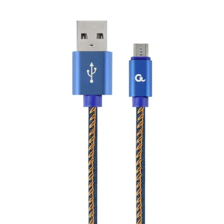 CABLU alimentare si date GEMBIRD, pt. smartphone, USB 2.0 (T) la Micro-USB 2.0 (T),  2m, premium, conectori auriti, cablu cu impletire din bumbac, negru cu insertii galbene (Jeans model), conetori albastri, &quot;CC-USB2J-AMmBM-2M-BL&quot;