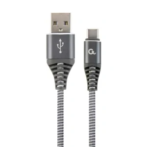 CABLU alimentare si date GEMBIRD, pt. smartphone, USB 2.0 (T) la USB 2.0 Type-C (T), 1m, premium, cablu cu impletire din bumbac, gri-metalizat cu insertii albe, &quot;CC-USB2B-AMCM-1M-WB2&quot; (include TV 0.06 lei)
