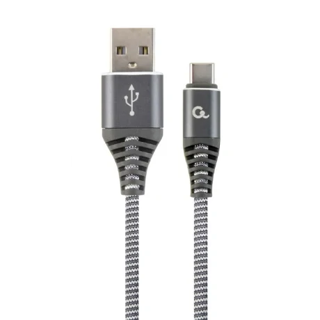 CABLU alimentare si date GEMBIRD, pt. smartphone, USB 2.0 (T) la USB 2.0 Type-C (T), 1m, premium, cablu cu impletire din bumbac, gri-metalizat cu insertii albe, &quot;CC-USB2B-AMCM-1M-WB2&quot; (include TV 0.06 lei)