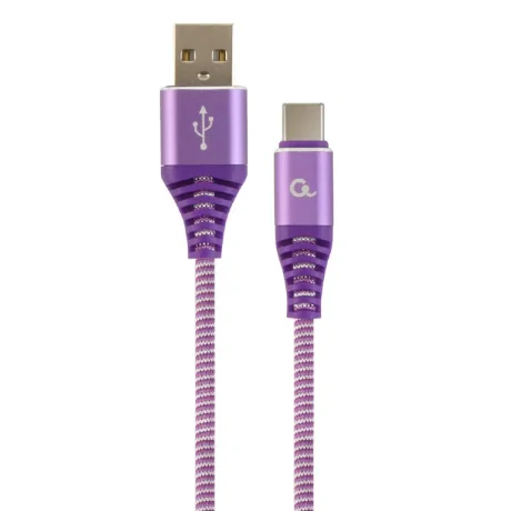 CABLU alimentare si date GEMBIRD, pt. smartphone, USB 2.0 (T) la USB 2.0 Type-C (T), 1m, premium, cablu cu impletire din bumbac, mov cu insertii albe, &quot;CC-USB2B-AMCM-1M-PW&quot; (include TV 0.06 lei)