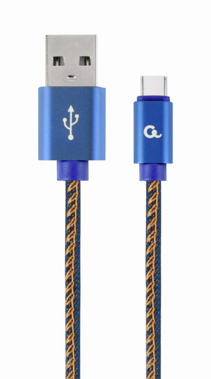 CABLU alimentare si date GEMBIRD, pt. smartphone, USB 2.0 (T) la USB 2.0 Type-C (T),  1m, premium, conectori auriti, cablu cu impletire din bumbac, negru cu insertii galbene (Jeans model), conetori albastri, "CC-USB2J-AMCM-1M-BL" thumb