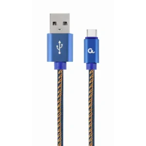 CABLU alimentare si date GEMBIRD, pt. smartphone, USB 2.0 (T) la USB 2.0 Type-C (T),  1m, premium, conectori auriti, cablu cu impletire din bumbac, negru cu insertii galbene (Jeans model), conetori albastri, &quot;CC-USB2J-AMCM-1M-BL&quot;