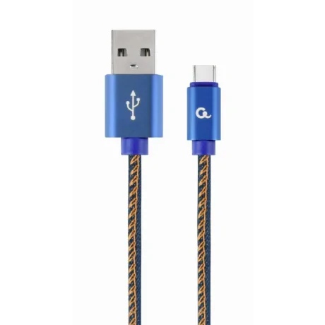 CABLU alimentare si date GEMBIRD, pt. smartphone, USB 2.0 (T) la USB 2.0 Type-C (T),  1m, premium, conectori auriti, cablu cu impletire din bumbac, negru cu insertii galbene (Jeans model), conetori albastri, &quot;CC-USB2J-AMCM-1M-BL&quot;