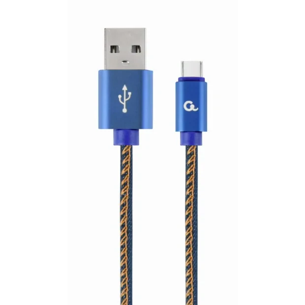 CABLU alimentare si date GEMBIRD, pt. smartphone, USB 2.0 (T) la USB 2.0 Type-C (T),  1m, premium, conectori auriti, cablu cu impletire din bumbac, negru cu insertii galbene (Jeans model), conetori albastri, &quot;CC-USB2J-AMCM-1M-BL&quot;