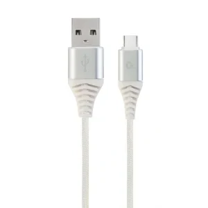 CABLU alimentare si date GEMBIRD, pt. smartphone, USB 2.0 (T) la USB 2.0 Type-C (T), 2m, premium, cablu cu impletire din bumbac, argintiu cu insertii albe, &quot;CC-USB2B-AMCM-2M-BW2&quot; (include TV 0.06 lei)