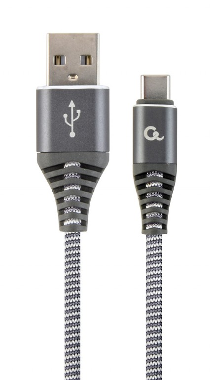 CABLU alimentare si date GEMBIRD, pt. smartphone, USB 2.0 (T) la USB 2.0 Type-C (T), 2m, premium, cablu cu impletire din bumbac, gri-metalizat cu insertii albe, "CC-USB2B-AMCM-2M-WB2" (include TV 0.06 lei) thumb