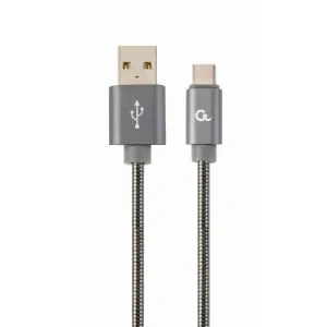 CABLU alimentare si date GEMBIRD, pt. smartphone, USB 2.0 (T) la USB 2.0 Type-C (T), 2m, premium, cablu cu impletire din bumbac, gri-metalizat cu insertii albe, &quot;CC-USB2S-AMCM-2M-BG&quot; (include TV 0.06 lei)
