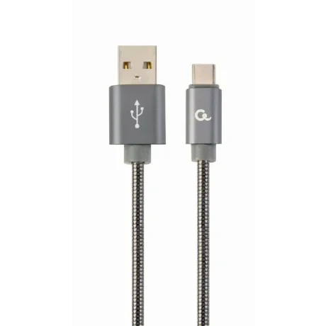 CABLU alimentare si date GEMBIRD, pt. smartphone, USB 2.0 (T) la USB 2.0 Type-C (T), 2m, premium, cablu cu impletire din bumbac, gri-metalizat cu insertii albe, &quot;CC-USB2S-AMCM-2M-BG&quot; (include TV 0.06 lei)