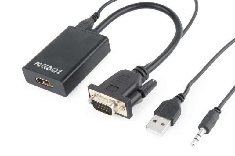CABLU video GEMBIRD, adaptor VGA (T) + Jack 3.5mm (T) la HDMI (M), 15cm, rezolutie maxima Full HD (1920 x 1080) la 60Hz, conecteaza placa video cu VGA la monitor HDMI, cablu power USB, negru, "A-VGA-HDMI-01" (include TV 0.18lei) thumb