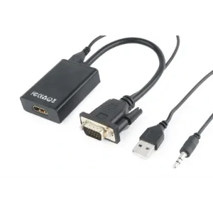 CABLU video GEMBIRD, adaptor VGA (T) + Jack 3.5mm (T) la HDMI (M), 15cm, rezolutie maxima Full HD (1920 x 1080) la 60Hz, conecteaza placa video cu VGA la monitor HDMI, cablu power USB, negru, &quot;A-VGA-HDMI-01&quot; (include TV 0.18lei)