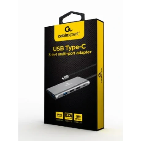 DOCKING Station Gembird universal, 3-in-1, conectare PC USB Type C, USB-C x 1, USB-A 3.1 x 3, porturi video HDMI x 2,  PD  60 W, argintiu, &quot;A-CM-COMBO3-01&quot; (include TV 0.18lei)